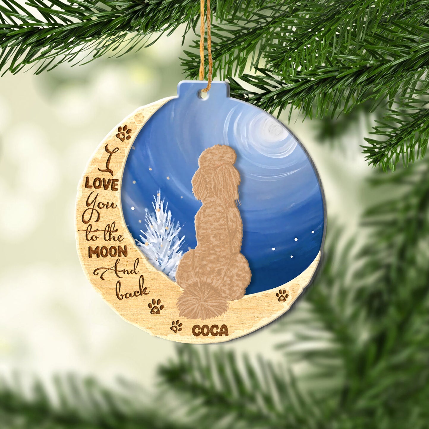 Personalized Brown Poodle On Moon Aluminum Ornament