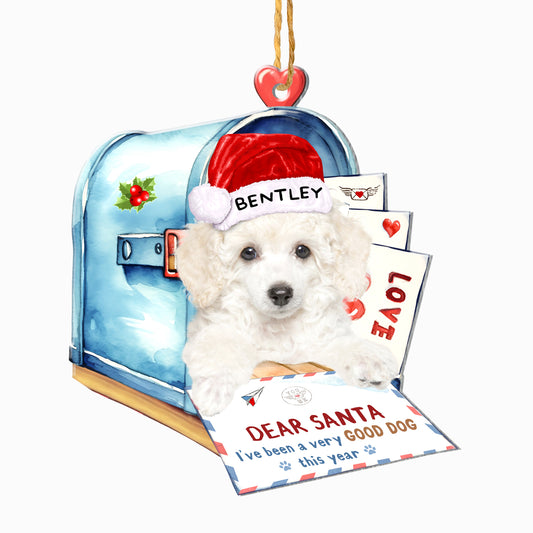 Personalized White Poodle In Mailbox Christmas Aluminum Ornament