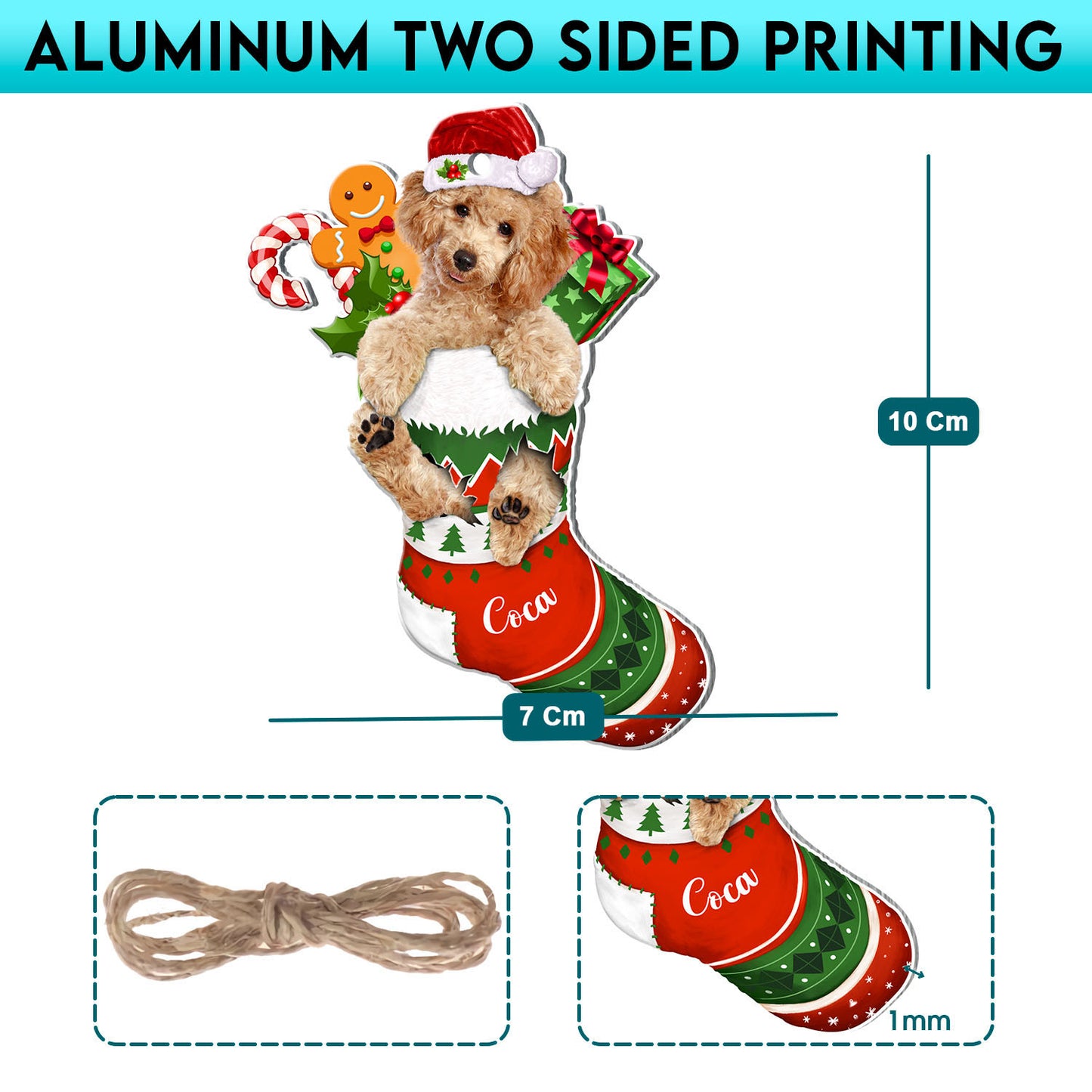 Personalized Brown Poodle In Christmas Stocking Aluminum Ornament