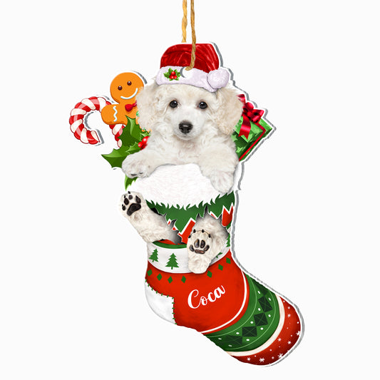 Personalized White Poodle In Christmas Stocking Aluminum Ornament