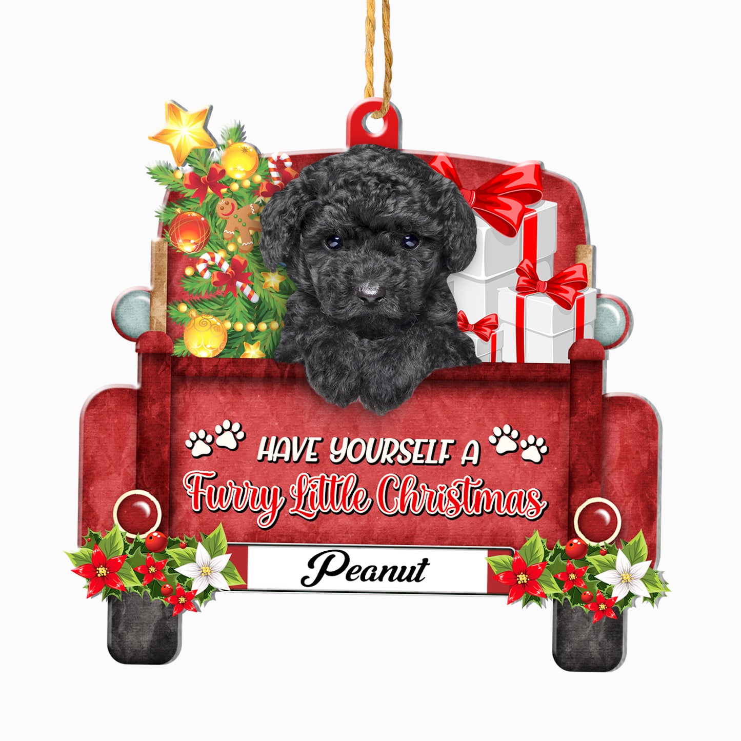 Personalized Black Poodle Red Truck Christmas Aluminum Ornament