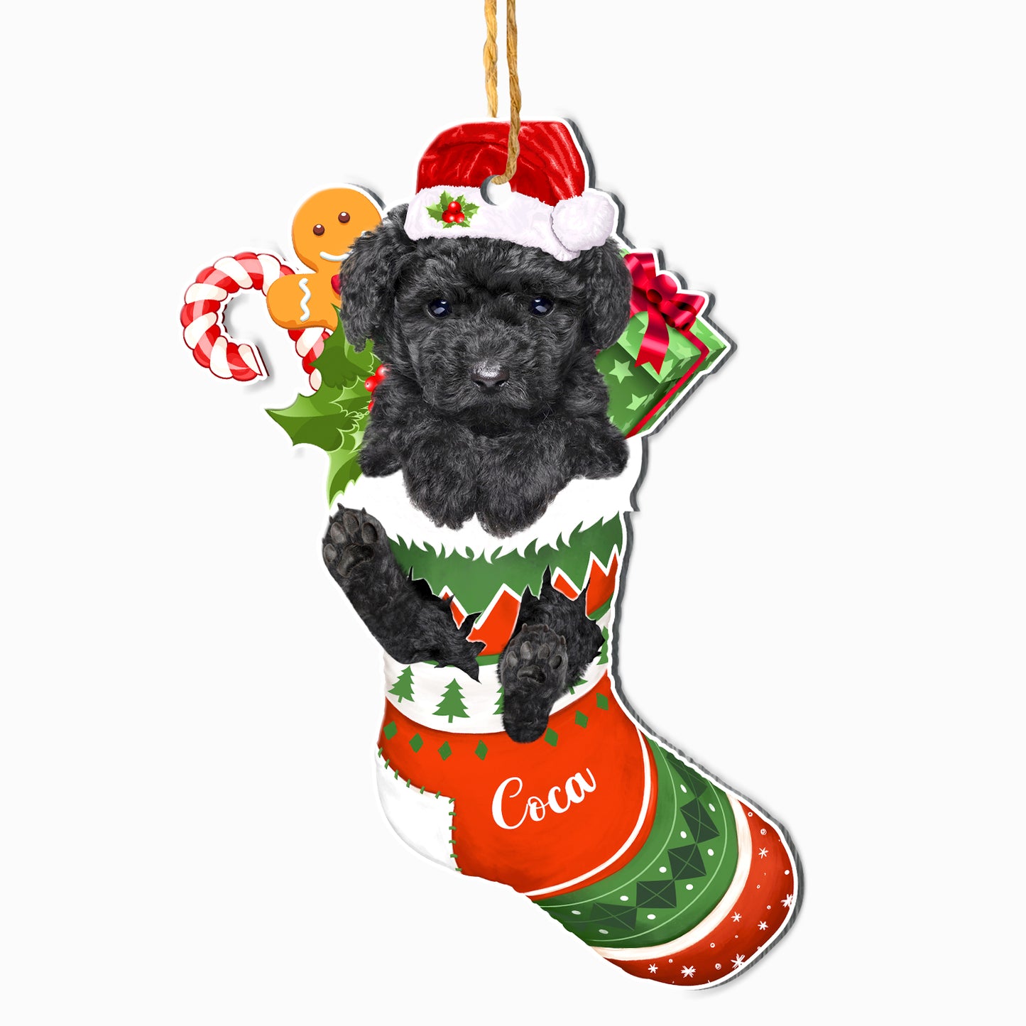 Personalized Black Poodle In Christmas Stocking Aluminum Ornament