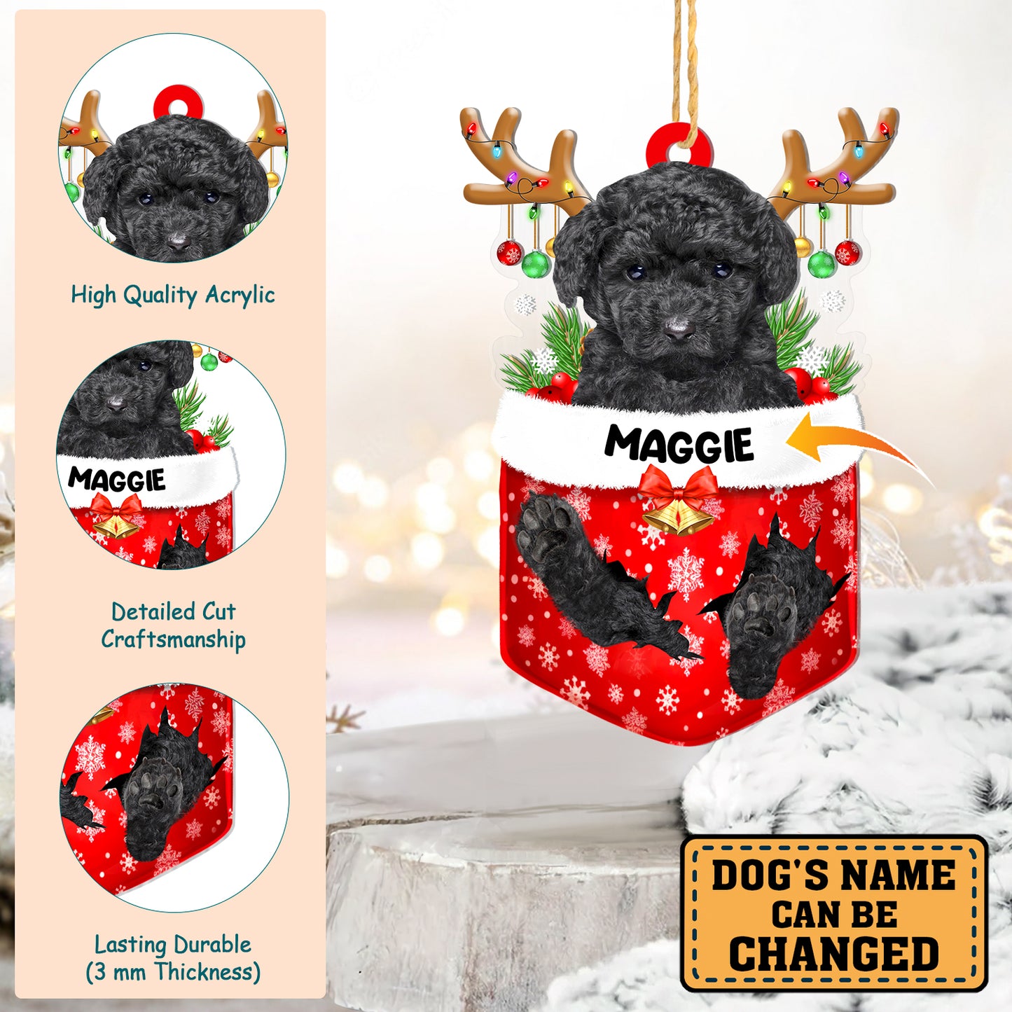 Personalized Black Poodle In Snow Pocket Christmas Acrylic Ornament