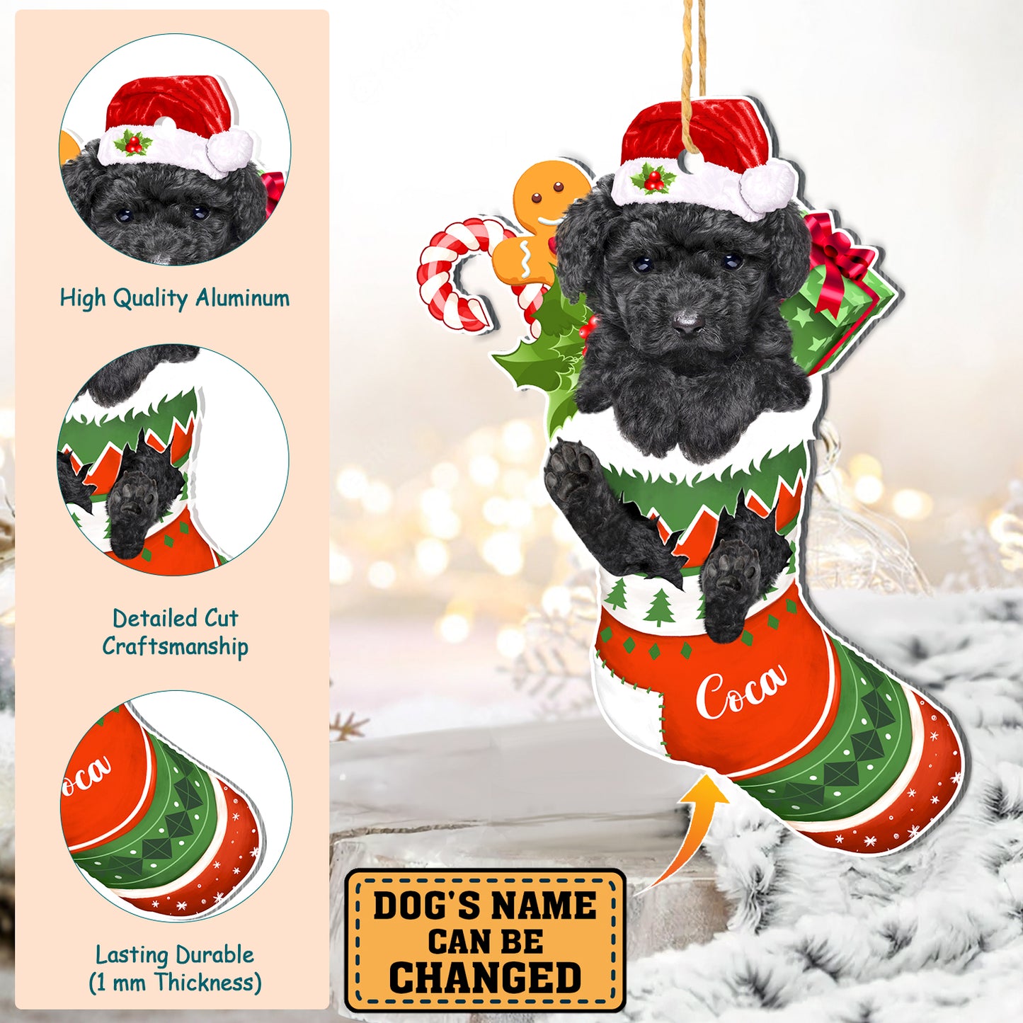 Personalized Black Poodle In Christmas Stocking Aluminum Ornament