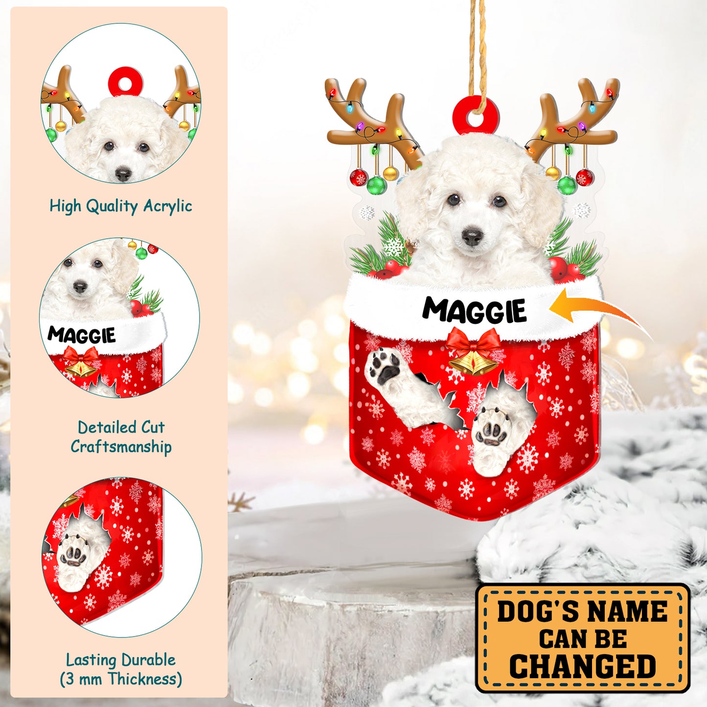 Personalized White Poodle In Snow Pocket Christmas Acrylic Ornament