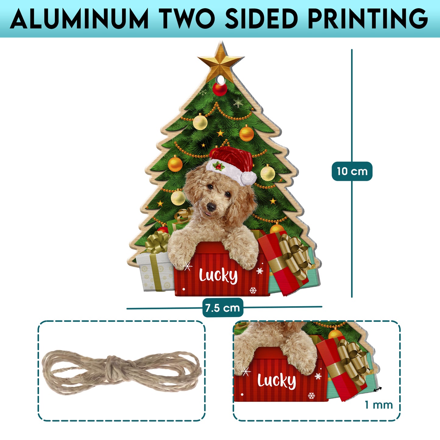 Personalized Brown Poodle Christmas Tree Aluminum Ornament
