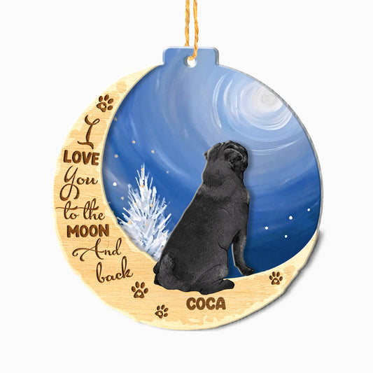 Personalized Black Pug On Moon Aluminum Ornament