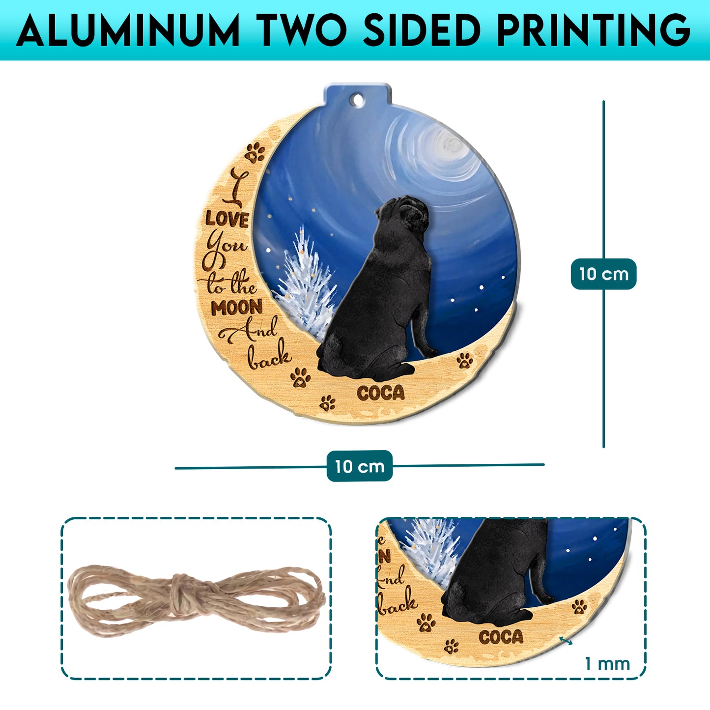 Personalized Black Pug On Moon Aluminum Ornament