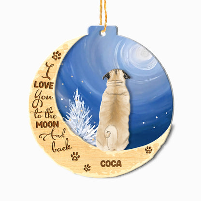 Personalized Brown Pug On Moon Aluminum Ornament