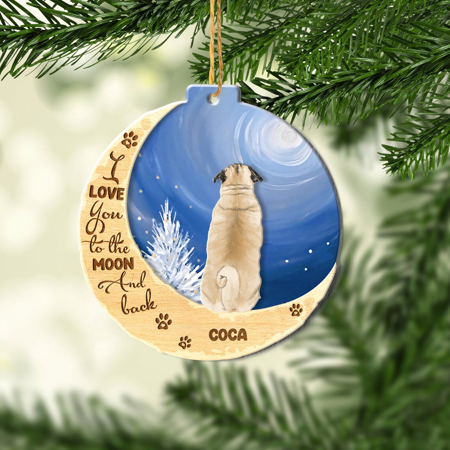 Personalized Brown Pug On Moon Aluminum Ornament