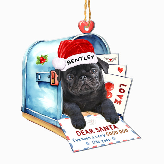 Personalized Black Pug In Mailbox Christmas Aluminum Ornament