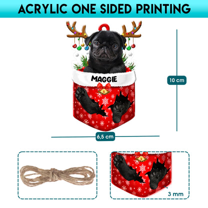 Personalized Black Pug In Snow Pocket Christmas Acrylic Ornament