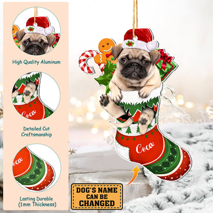 Personalized Brown Pug In Christmas Stocking Aluminum Ornament
