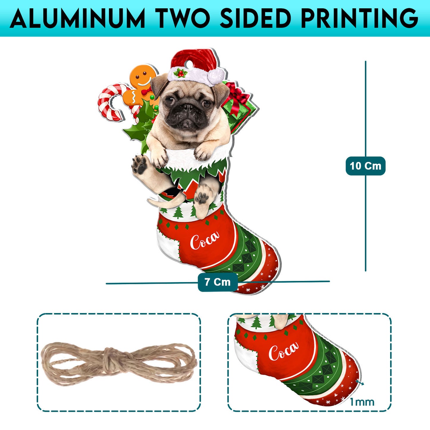 Personalized Brown Pug In Christmas Stocking Aluminum Ornament