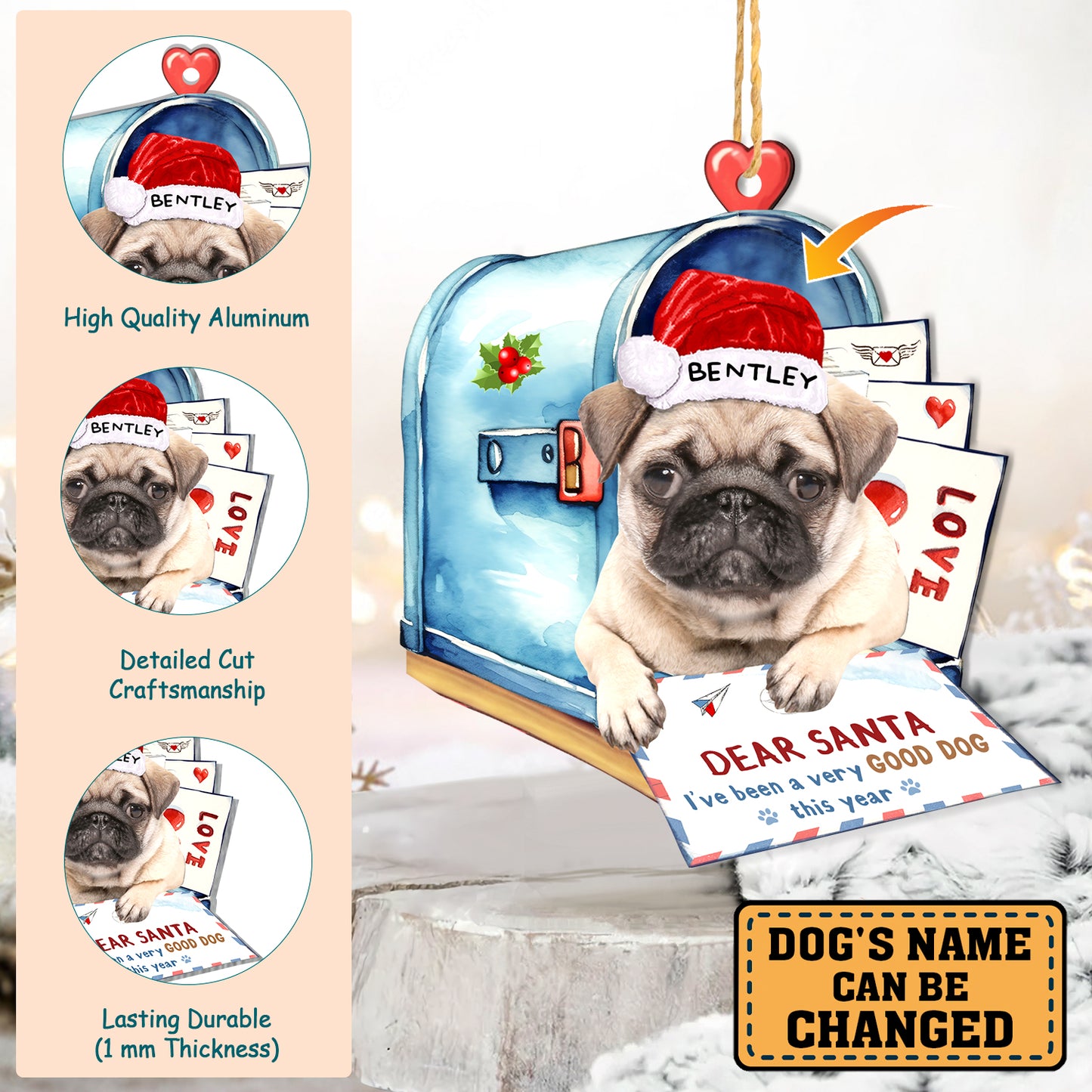 Personalized Pug In Mailbox Christmas Aluminum Ornament