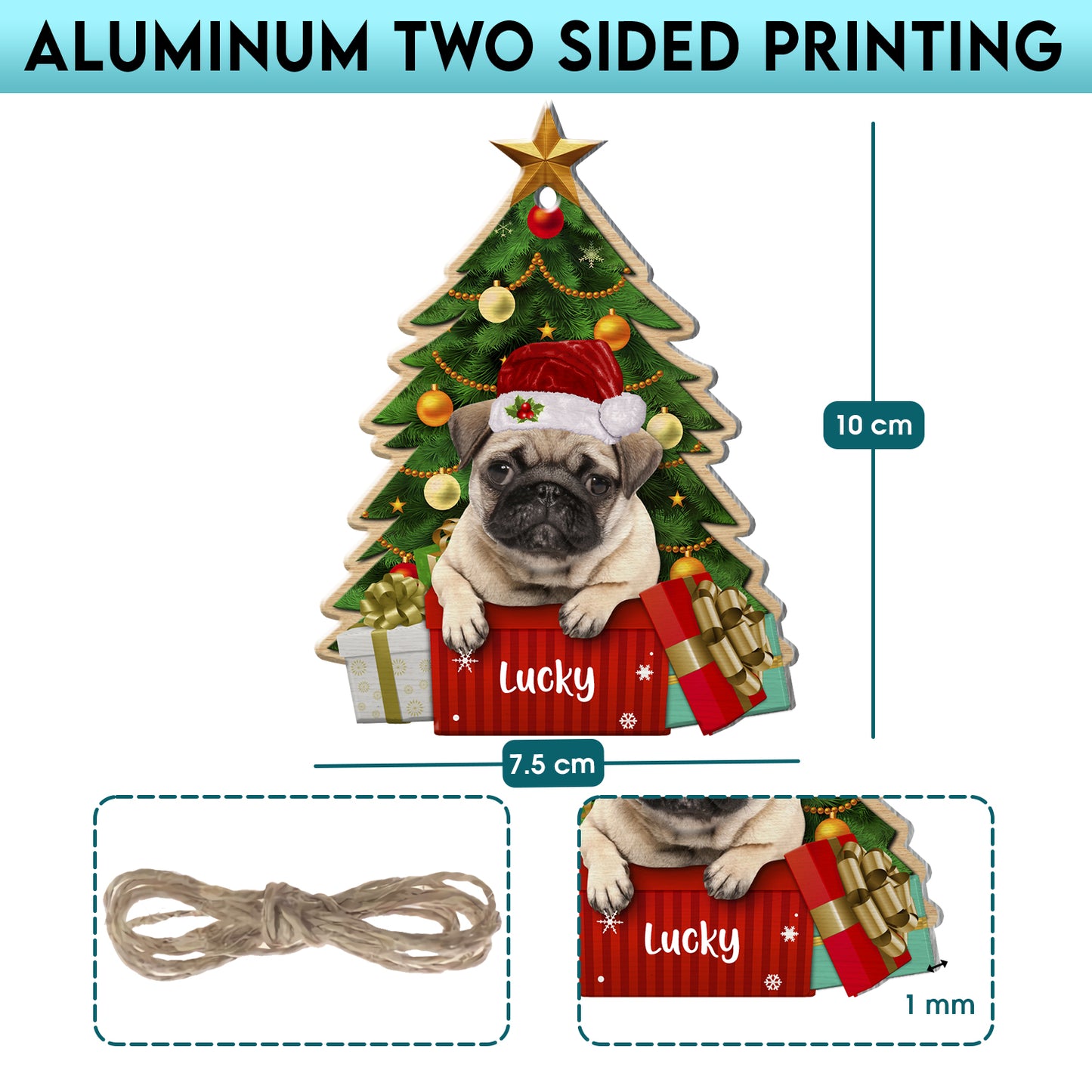 Personalized Brown Pug Christmas Tree Aluminum Ornament