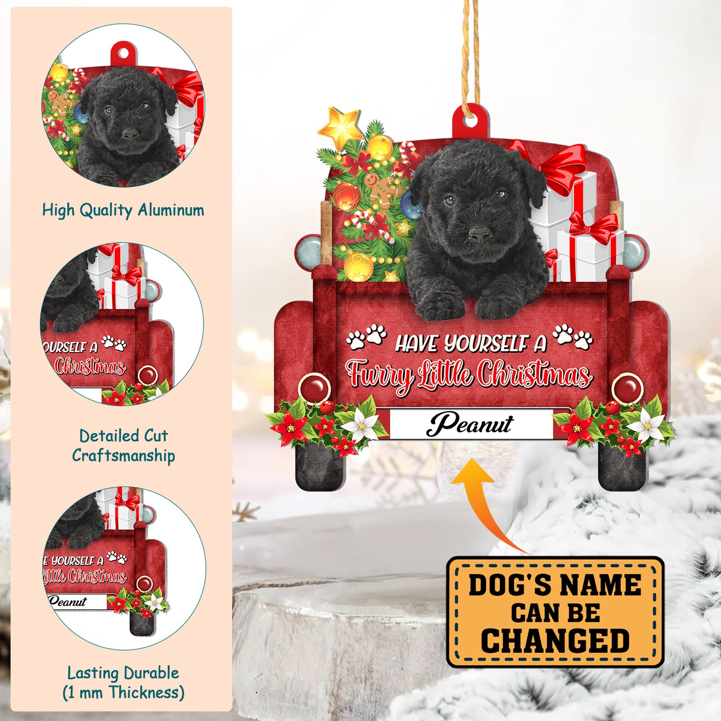 Personalized Black Puli Red Truck Christmas Aluminum Ornament