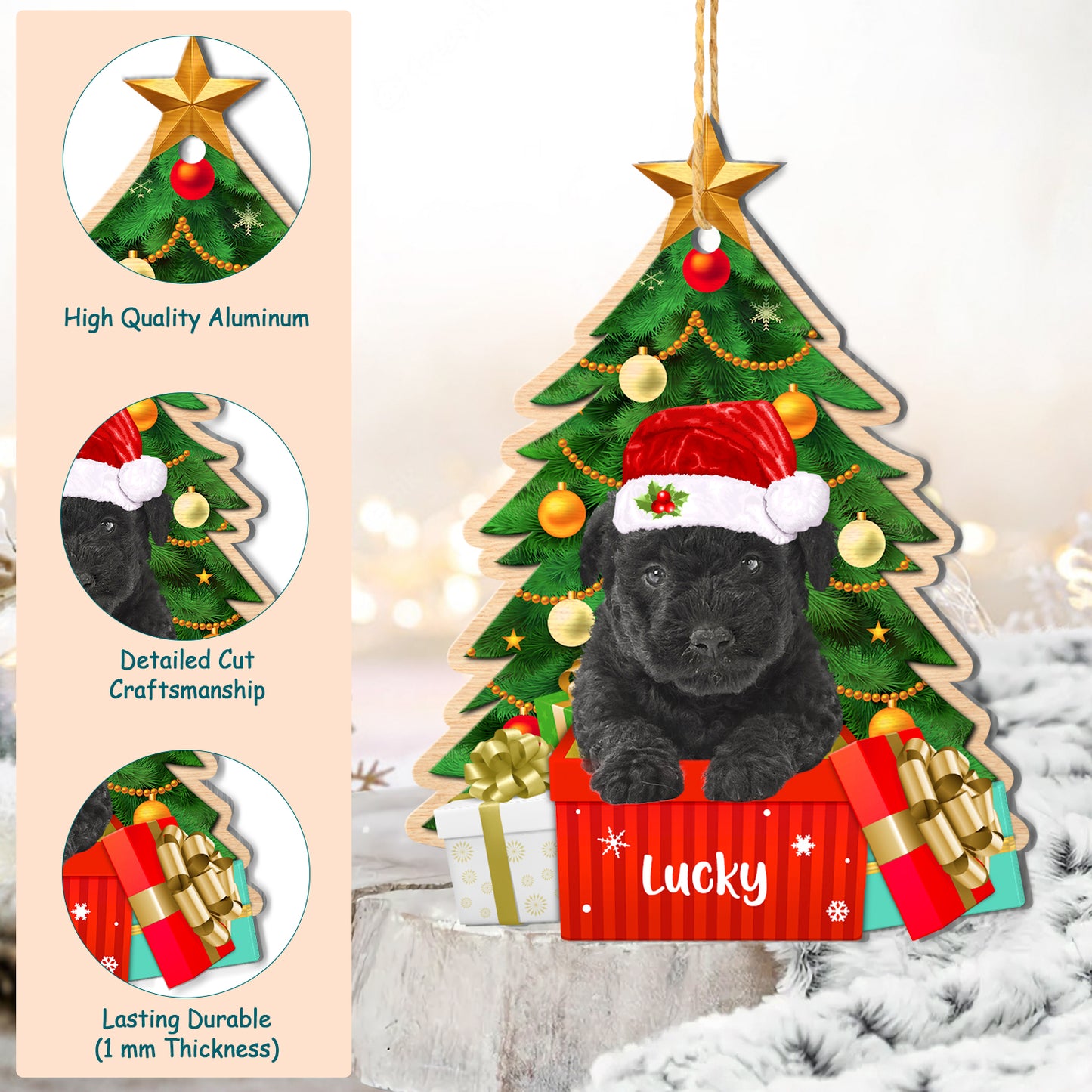 Personalized Black Puli Christmas Tree Aluminum Ornament