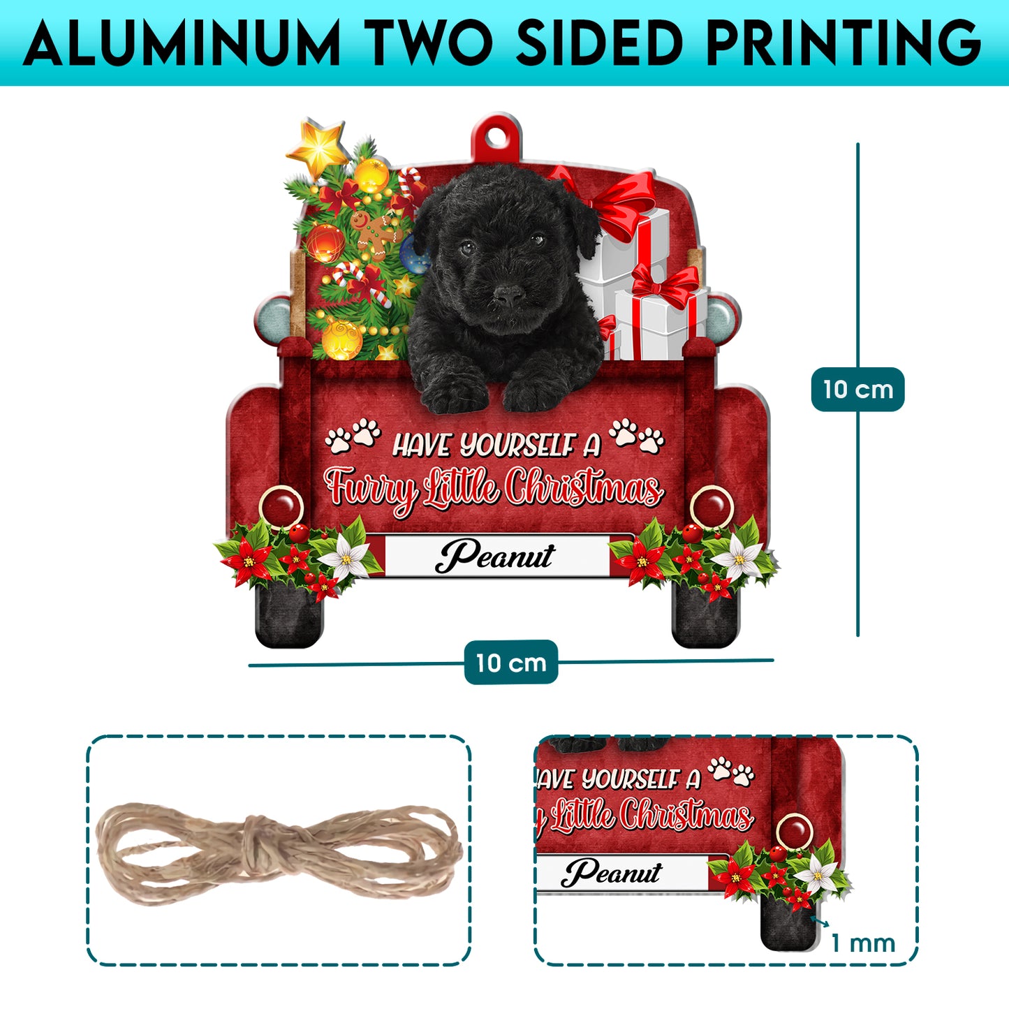 Personalized Black Puli Red Truck Christmas Aluminum Ornament