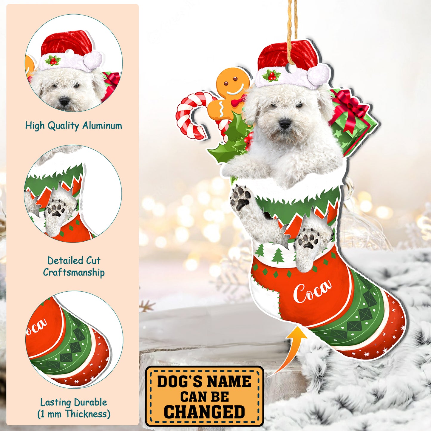 Personalized White Puli In Christmas Stocking Aluminum Ornament