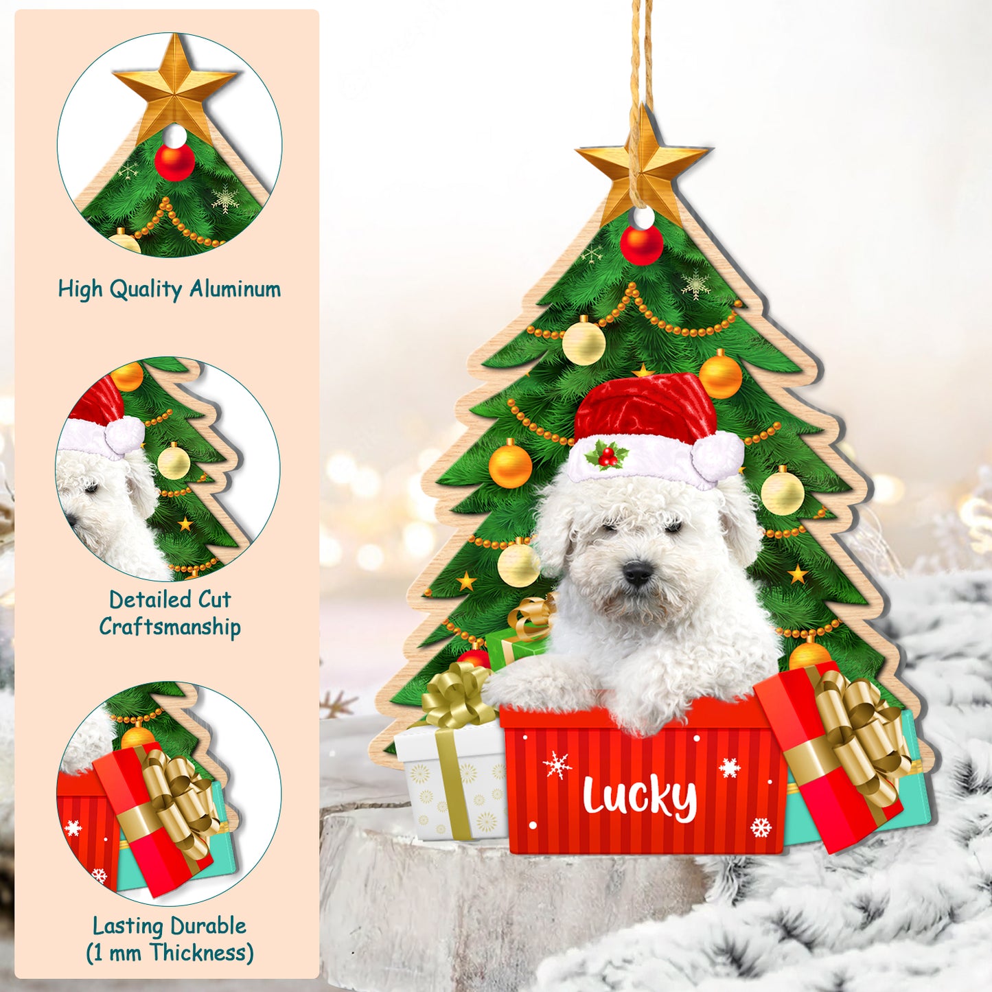 Personalized White Puli Christmas Tree Aluminum Ornament