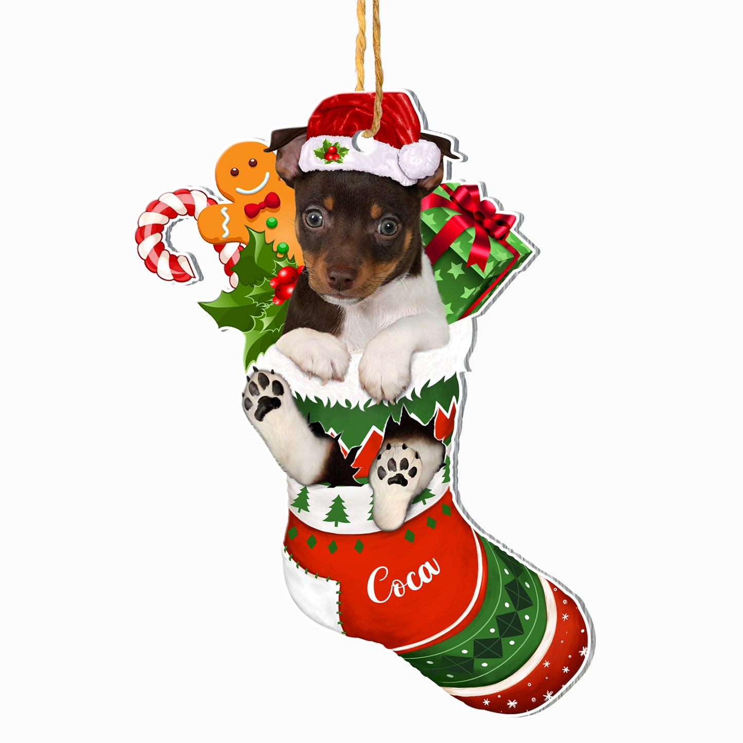 Personalized Rat Terrier In Christmas Stocking Aluminum Ornament