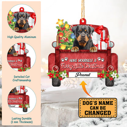 Personalized Rottweiler Red Truck Christmas Aluminum Ornament