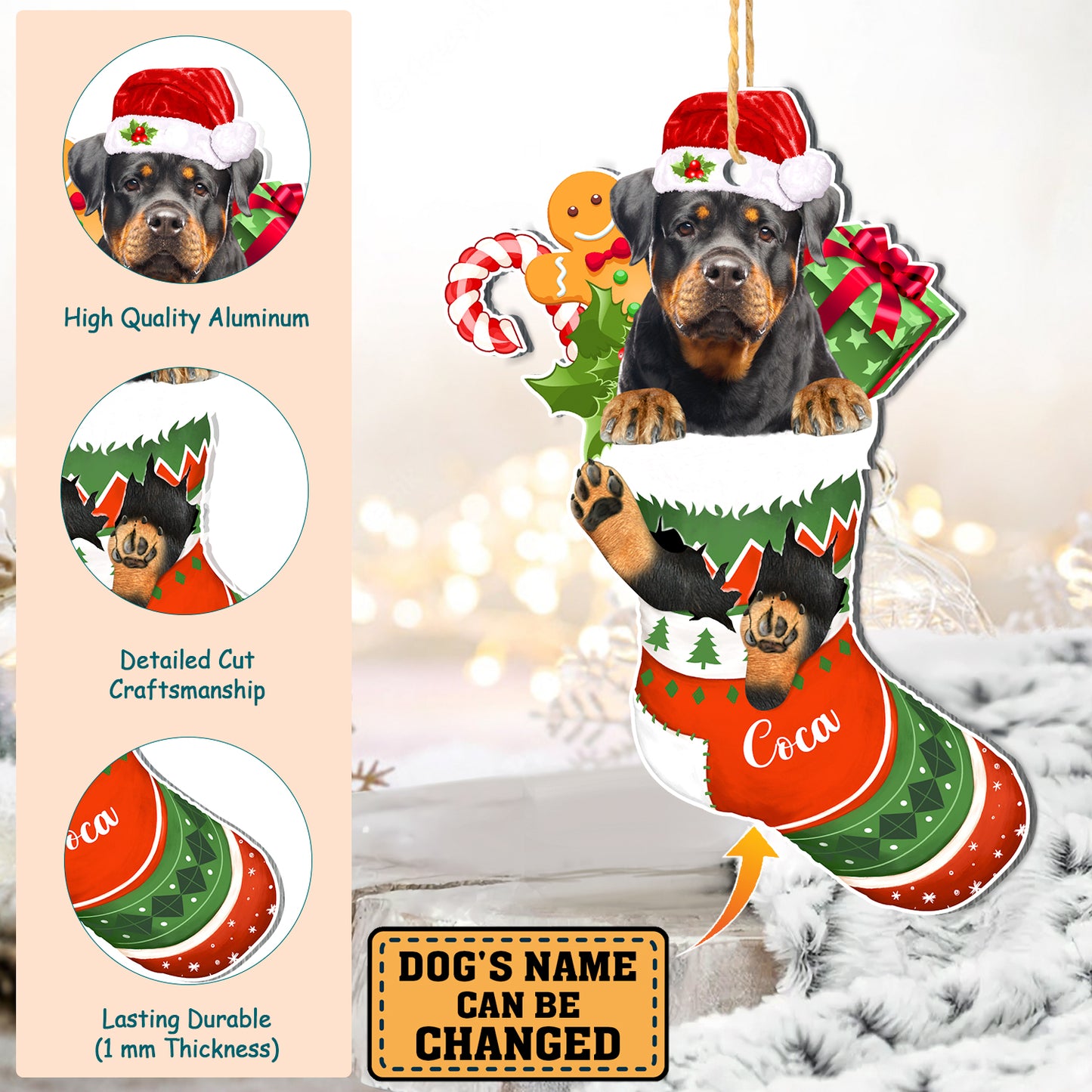 Personalized Rottweiler In Christmas Stocking Aluminum Ornament