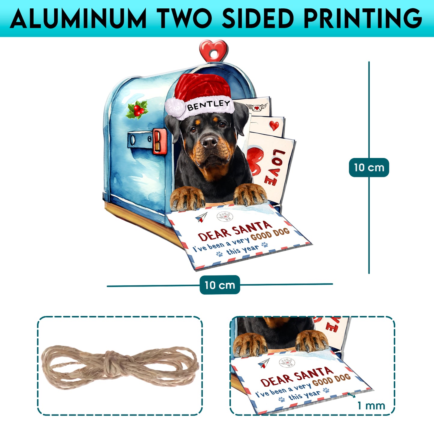 Personalized Rottweiler In Mailbox Christmas Aluminum Ornament