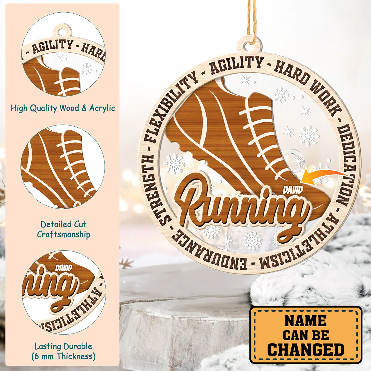 Personalized Running 2-Layer Wood & Acrylic Christmas Ornament