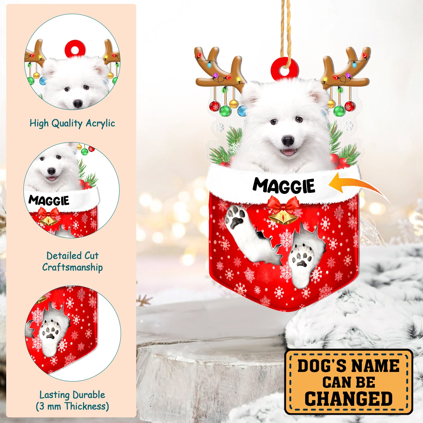Personalized Samoyed In Snow Pocket Christmas Acrylic Ornament