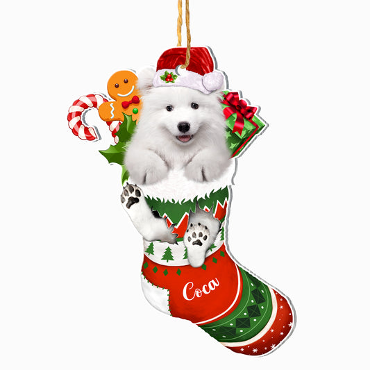 Personalized Samoyed In Christmas Stocking Aluminum Ornament