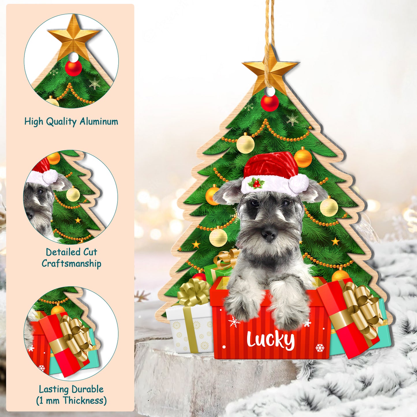Personalized Grey Schnauzer Christmas Tree Aluminum Ornament