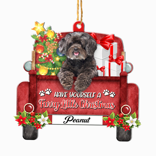 Personalized Black Schnoodle Red Truck Christmas Aluminum Ornament