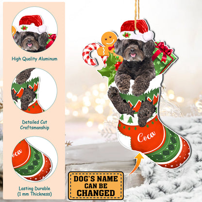 Personalized Black Schnoodle In Christmas Stocking Aluminum Ornament