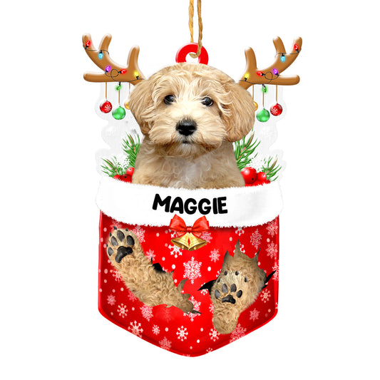 Personalized Cream Schnoodle In Snow Pocket Christmas Acrylic Ornament