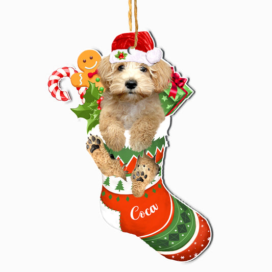 Personalized Cream Schnoodle In Christmas Stocking Aluminum Ornament