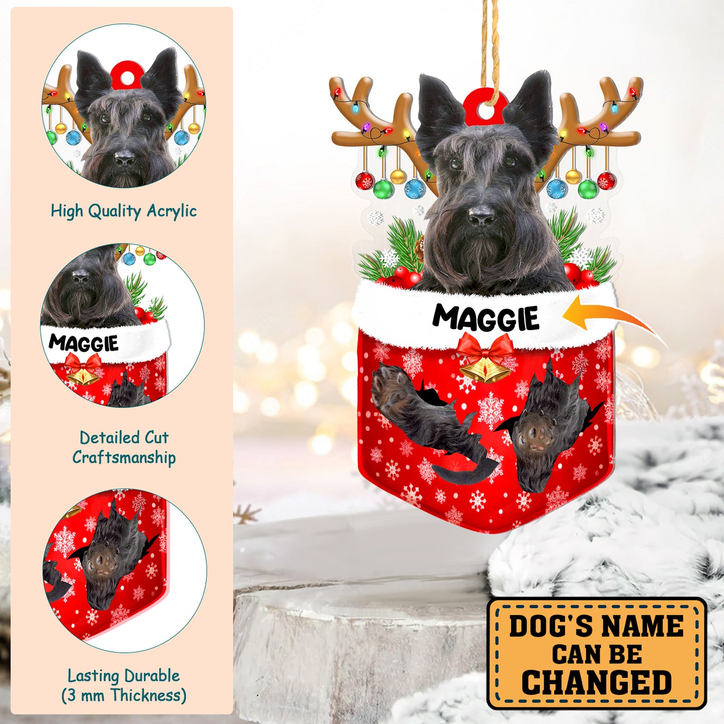 Personalized Scottish Terrier In Snow Pocket Christmas Acrylic Ornament