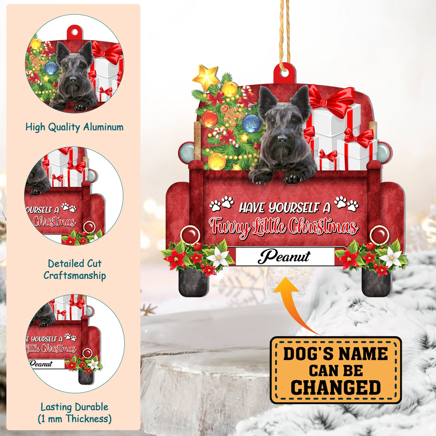 Personalized Scottish Terrier Red Truck Christmas Aluminum Ornament