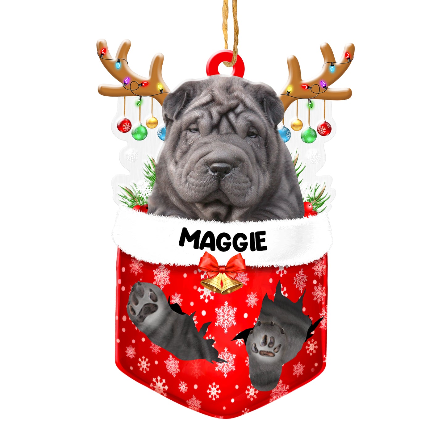 Personalized Black Shar Pei In Snow Pocket Christmas Acrylic Ornament