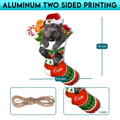 Personalized Black Shar Pei In Christmas Stocking Aluminum Ornament
