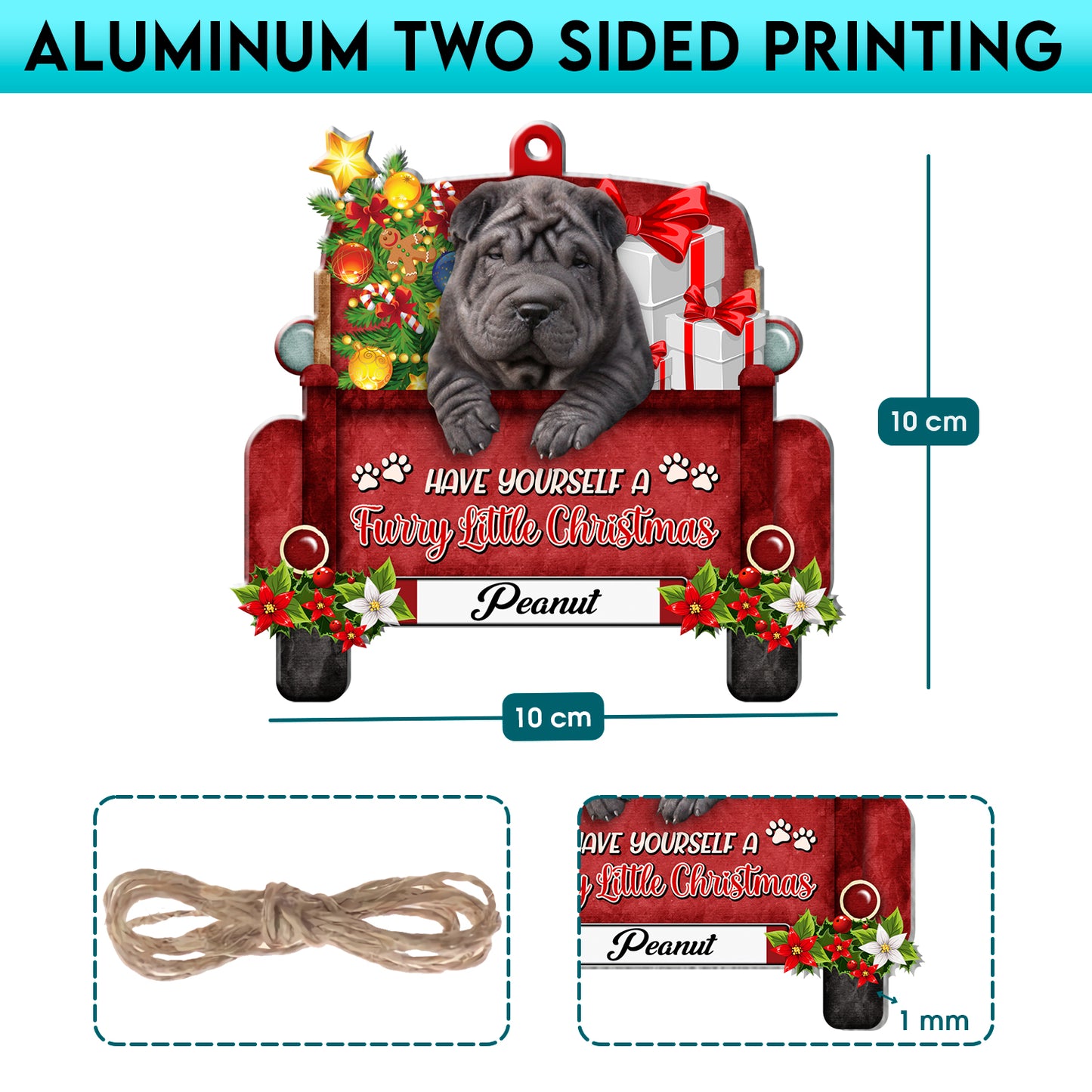 Personalized Black Shar Pei Red Truck Christmas Aluminum Ornament