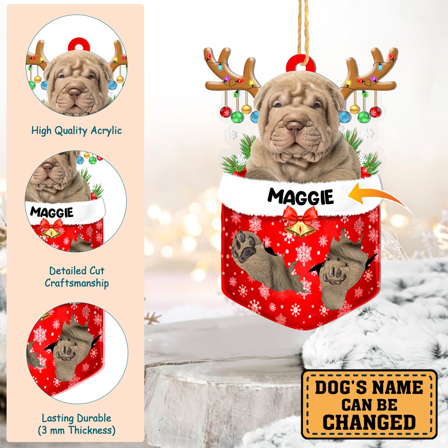 Personalized Shar Pei In Snow Pocket Christmas Acrylic Ornament