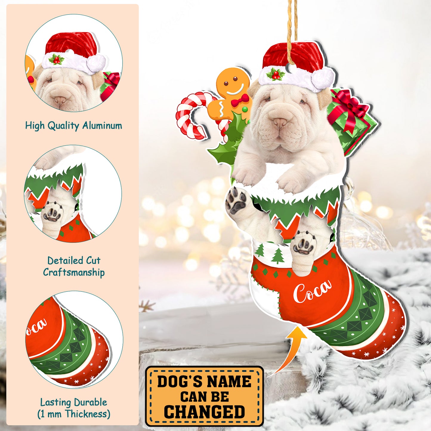 Personalized White Shar Pei In Christmas Stocking Aluminum Ornament