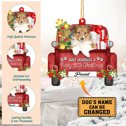 Personalized Shetland Sheepdog Red Truck Christmas Aluminum Ornament