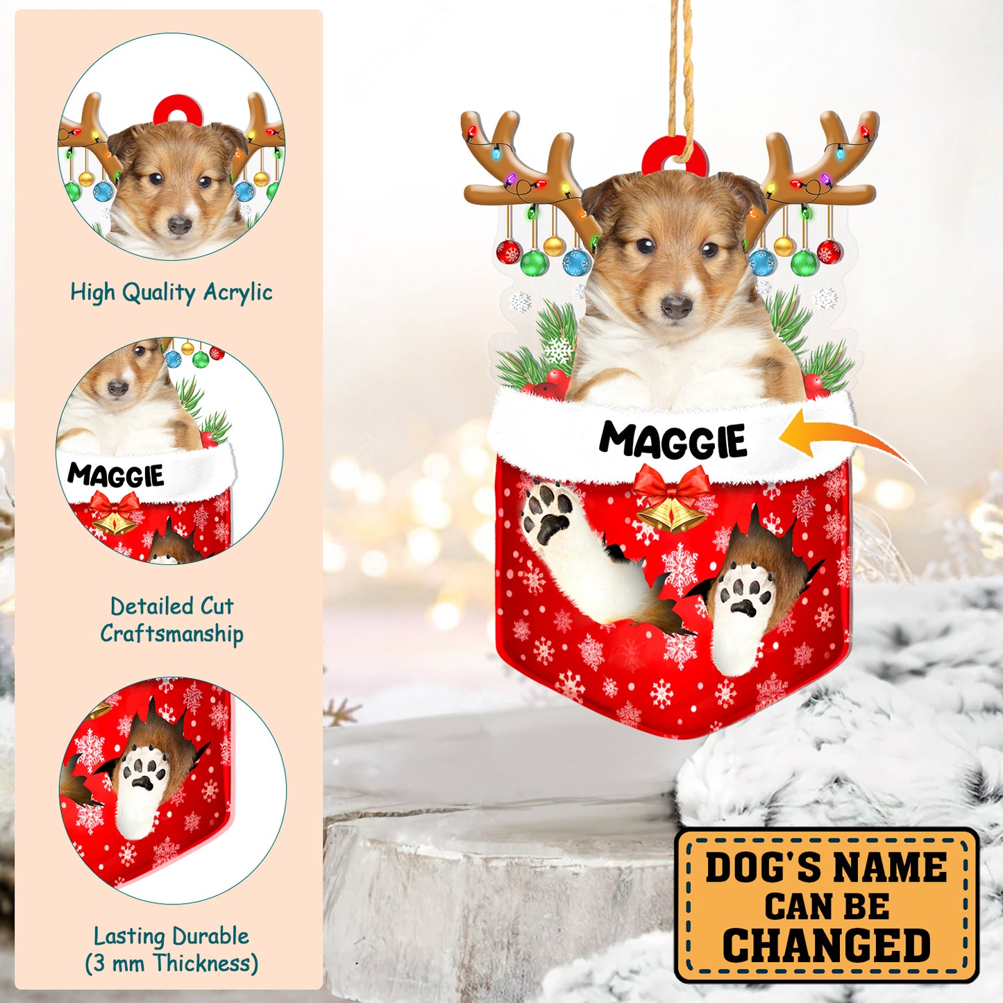 Personalized Shetland Sheepdog In Snow Pocket Christmas Acrylic Ornament