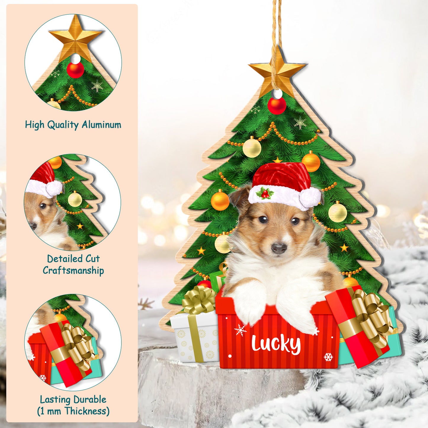 Personalized Shetland Sheepdog Christmas Tree Aluminum Ornament