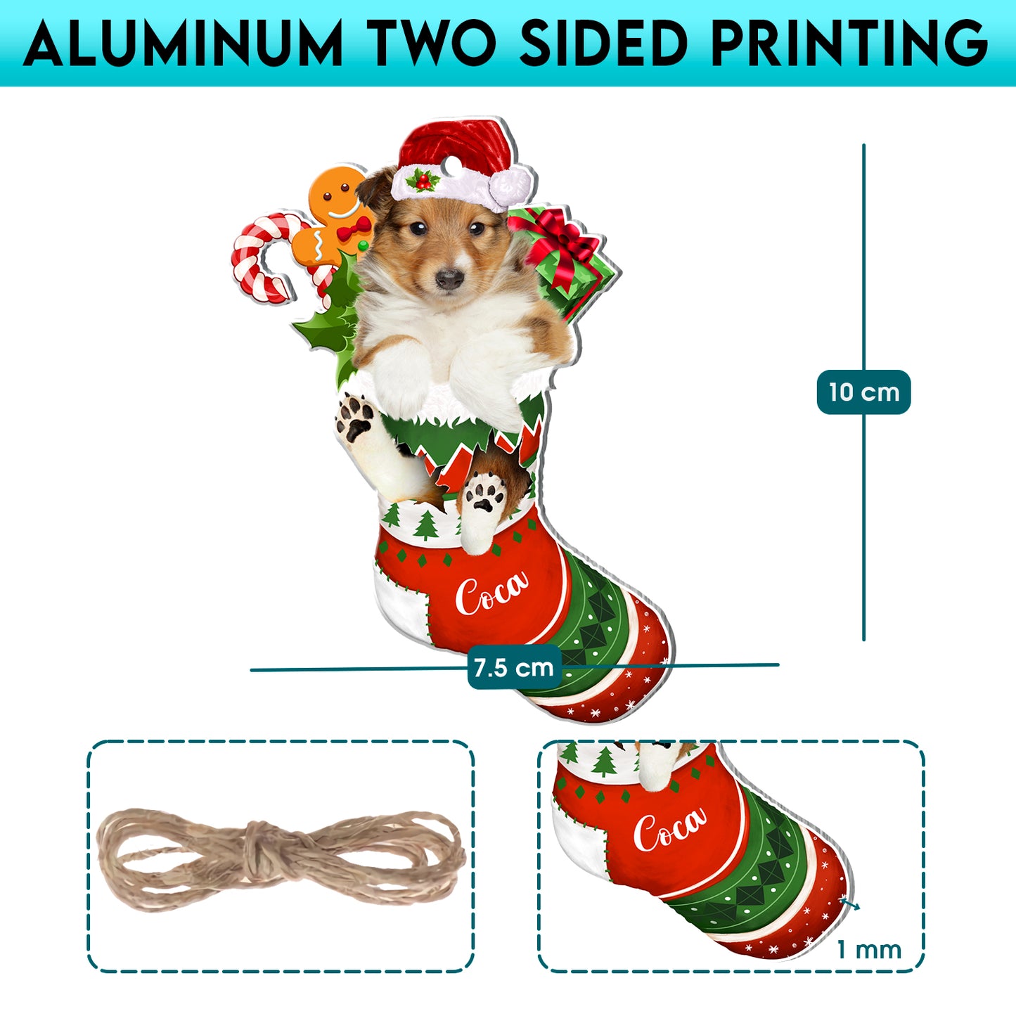 Personalized Shetland Sheepdog In Christmas Stocking Aluminum Ornament