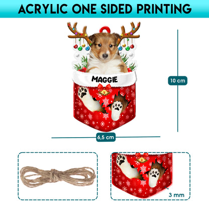 Personalized Shetland Sheepdog In Snow Pocket Christmas Acrylic Ornament