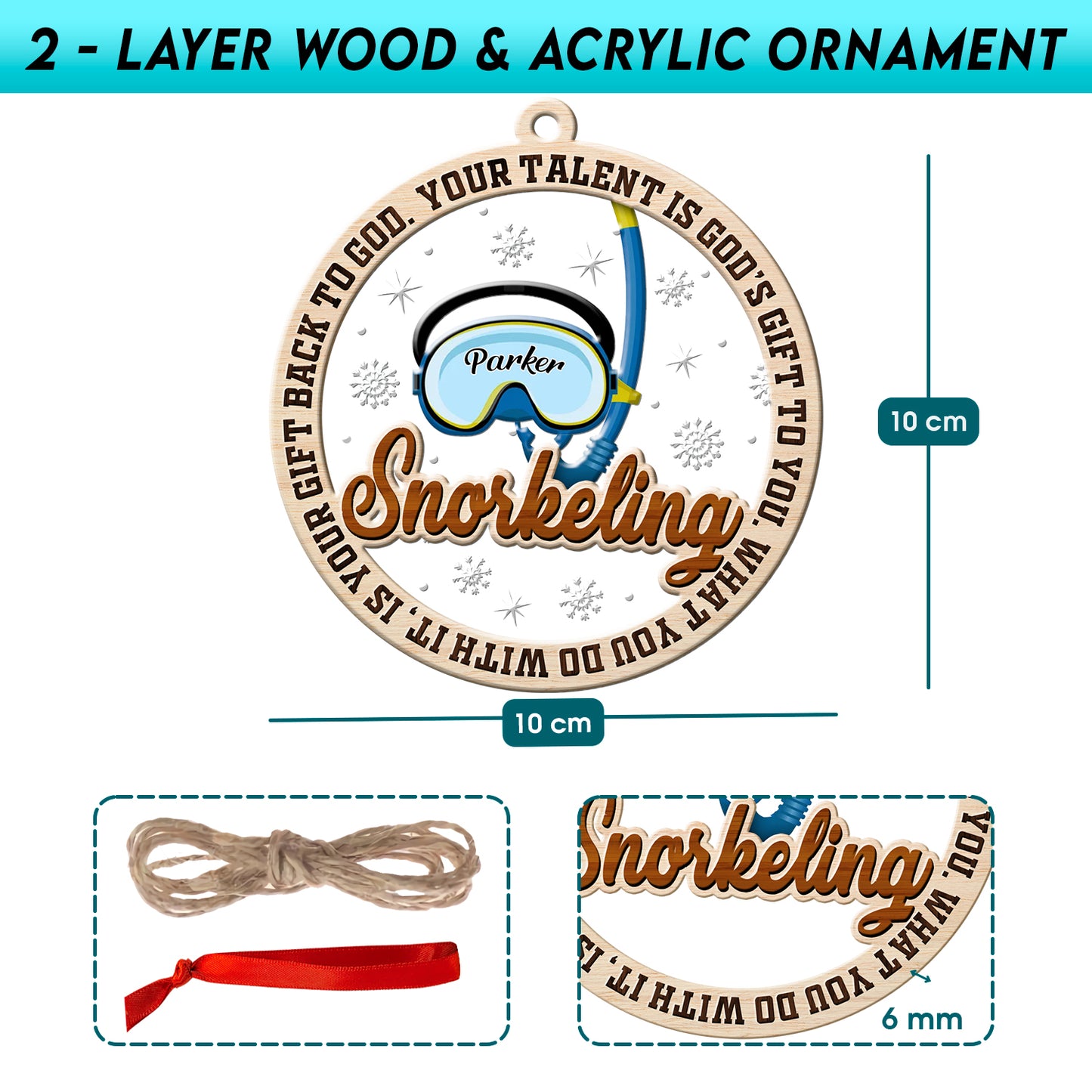 Personalized Snorkeling 2-Layer Wood & Acrylic Christmas Ornament